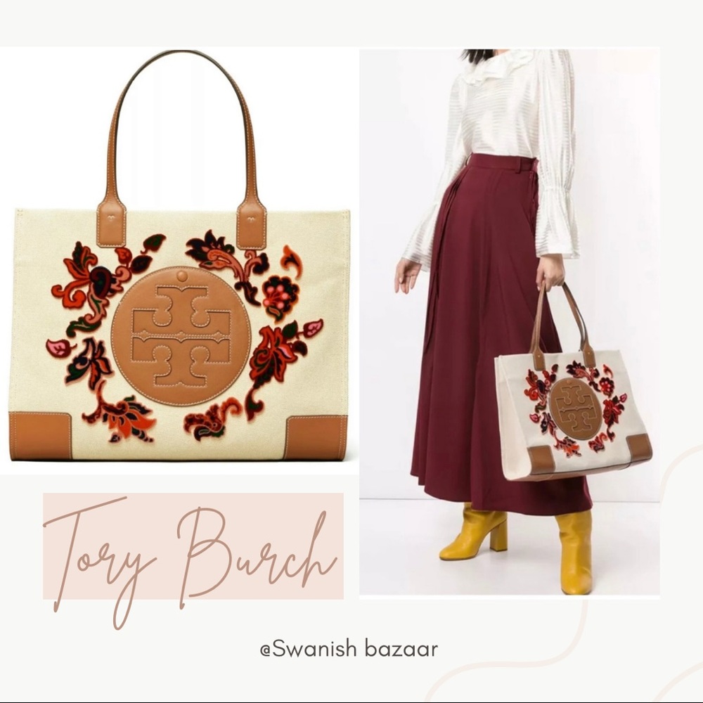 Tory Burch Ella Fil Coupe Floral Leather Trim Shoulder Tote Purse Large Carryon